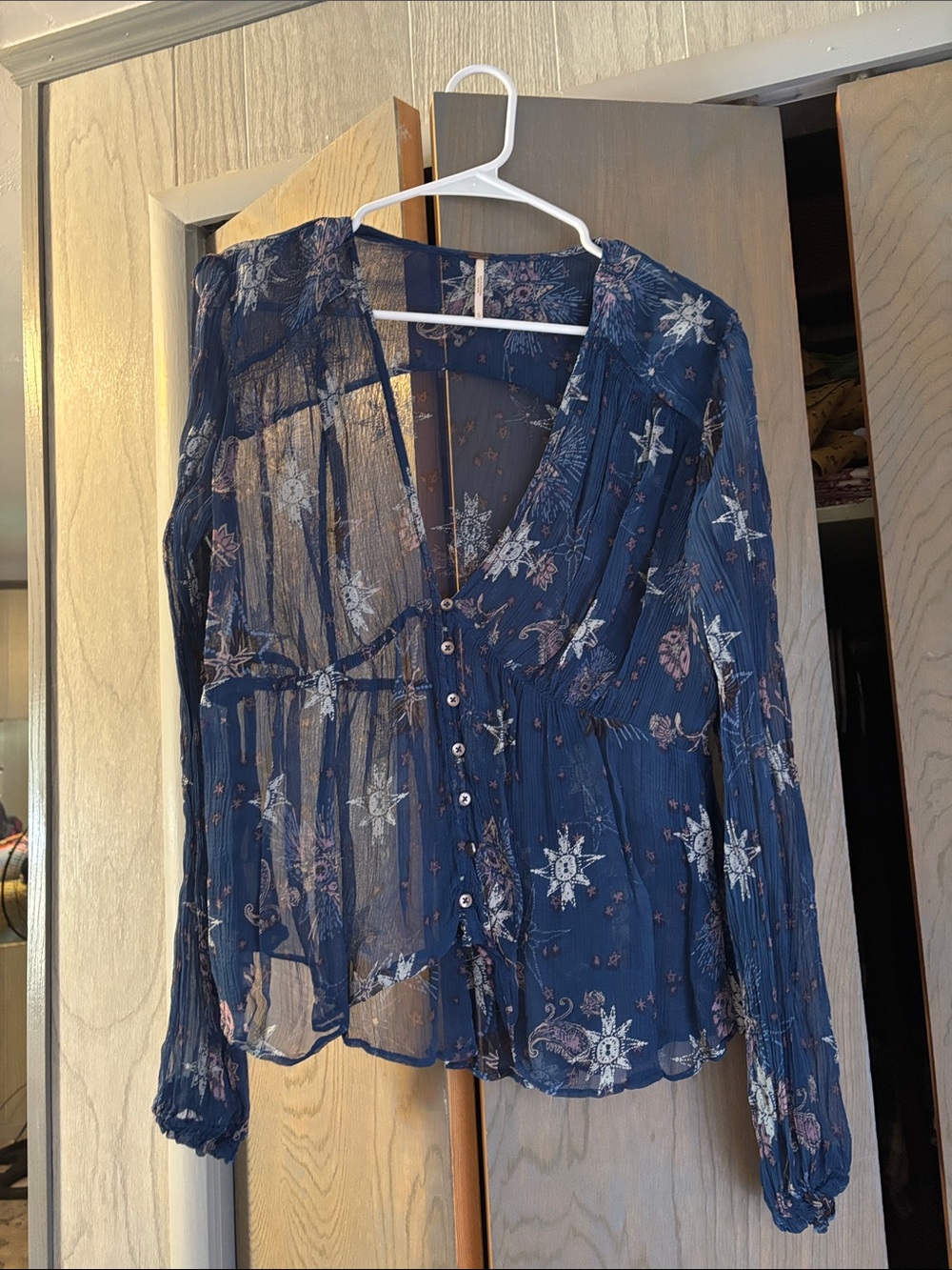 Free People Celestial and Floral Sheer Blue Top Blouse